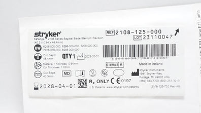 Stryker 2108-125-000 Safedge Sagittal Blade Sternum Revision 40.3 x 0.64 x48.4mm